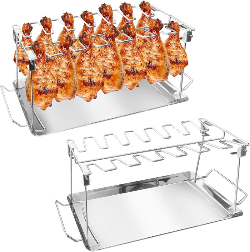 BaokiTook Drumstick Holder-2 Sets Chicken Leg Rack for Grill with Drip Tray, 14 Slots Durable Stainless Steel Drumstick Rack, Drumstick Holder Roaster Stand for Smoker Grill, Oven, BBQ Accessories - Image 1